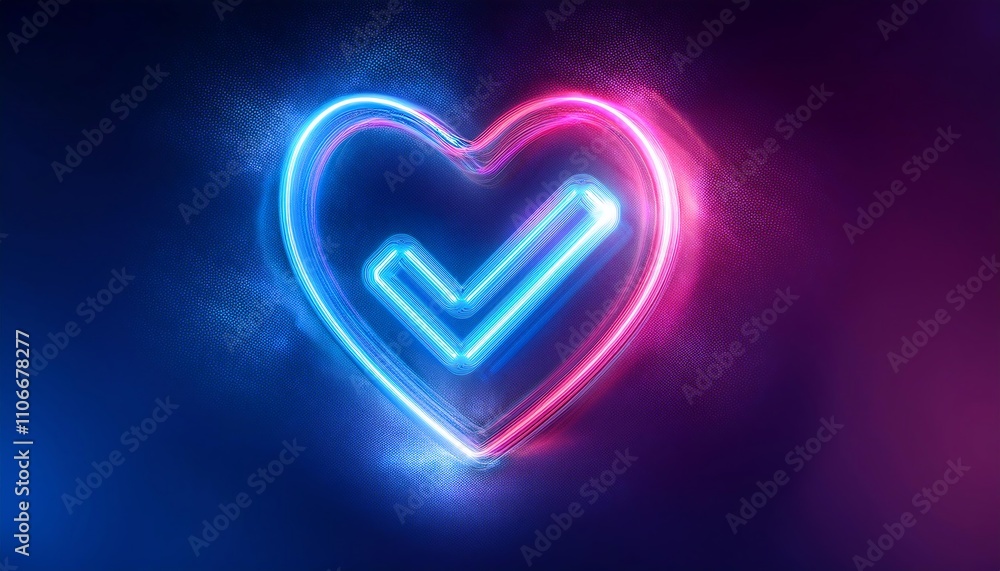 A glowing heart symbol with a checkmark, illuminated in blue and pink neon lights, representing love and approval. A glowing heart symbol with a checkmark, illuminated in blue and pink neon lights, representing love and approval.