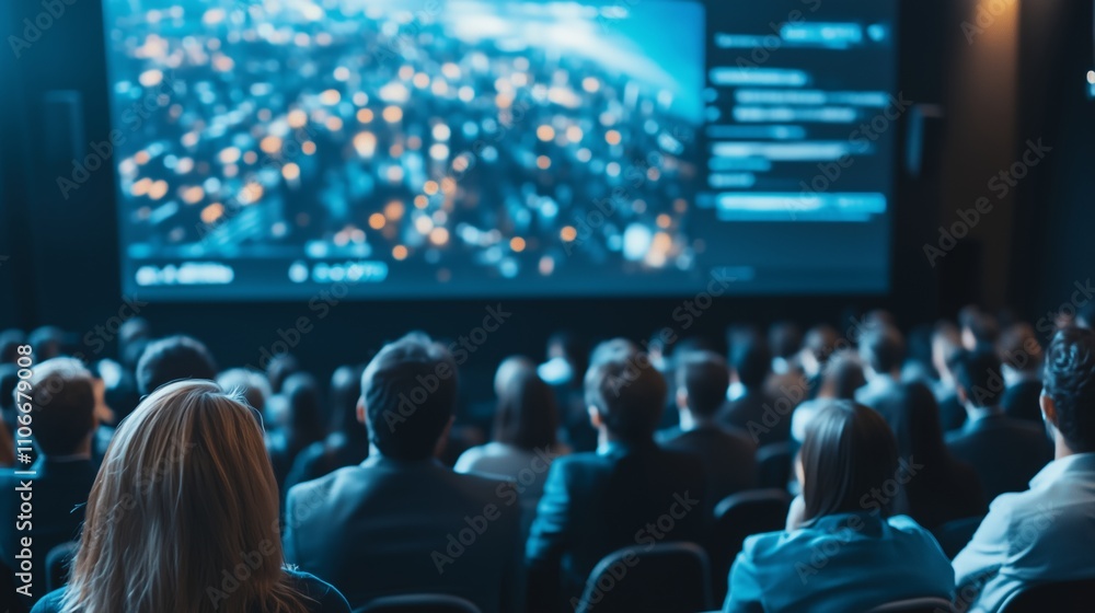A diverse audience engages in a bright hall, captivated by a passionate speaker and engaging visuals.