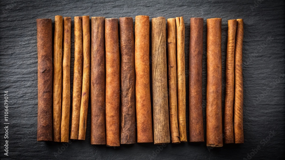 A Collection of Aromatic Cinnamon Sticks Arranged in a Row on a Dark Stone Surface A Collection of Aromatic Cinnamon Sticks Arranged in a Row on a Dark Stone Surface