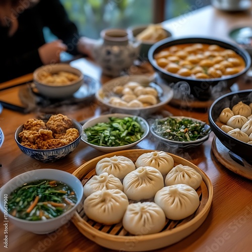 Steaming bao buns and dumplings on a table with various Chinese dishes.