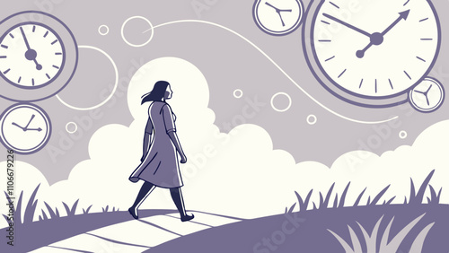 surreal moment of a woman who is walking towards her destiny with the weight of time passing
