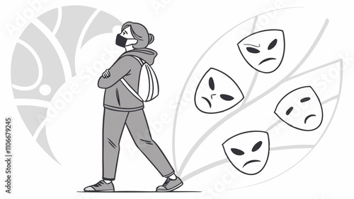 person with mask does not want to hear the judgment of other masks, concept of judgment and introspection
