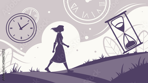surreal moment of a woman who is walking towards her destiny with the weight of time passing vector.
