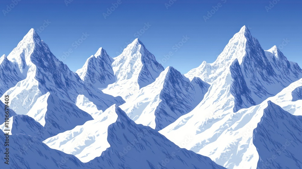 A serene mountain landscape covered in snow under a clear blue sky. A serene mountain landscape covered in snow under a clear blue sky.