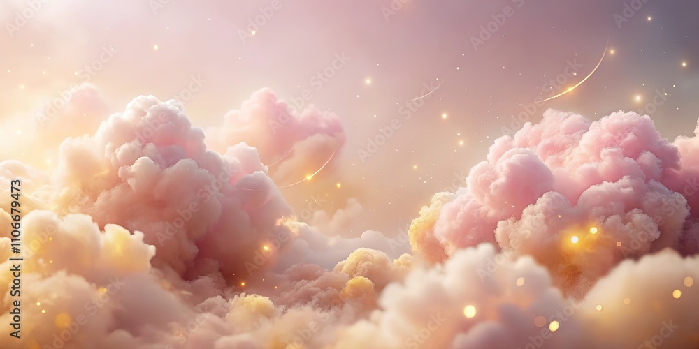 Dreamlike Pastel Cloudscape Golden Light and Sparkling Trails Across a Soft Pink and Yellow Sky Dreamlike Pastel Cloudscape Golden Light and Sparkling Trails Across a Soft Pink and Yellow Sky