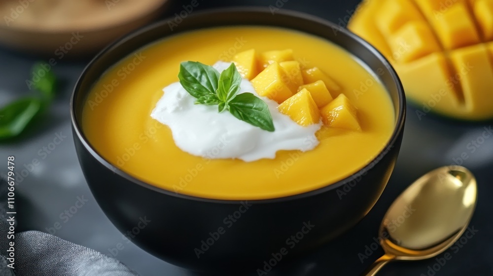 Luxurious mango soup with a coconut foam topping and a gold spoon beside it Luxurious mango soup with a coconut foam topping and a gold spoon beside it