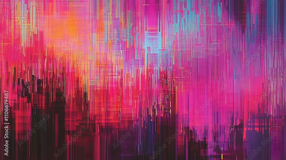 Abstract vibrant glitch effect with pixelated distortions and colorful static lines background