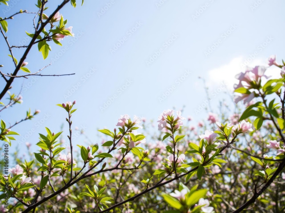 lush green branches framing a clear blue sky with space for text, sky, blooming lush green branches framing a clear blue sky with space for text, sky, blooming