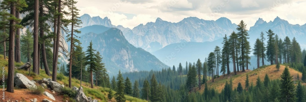 Lush green forest map with single standing figure, exploration, landscape Lush green forest map with single standing figure, exploration, landscape