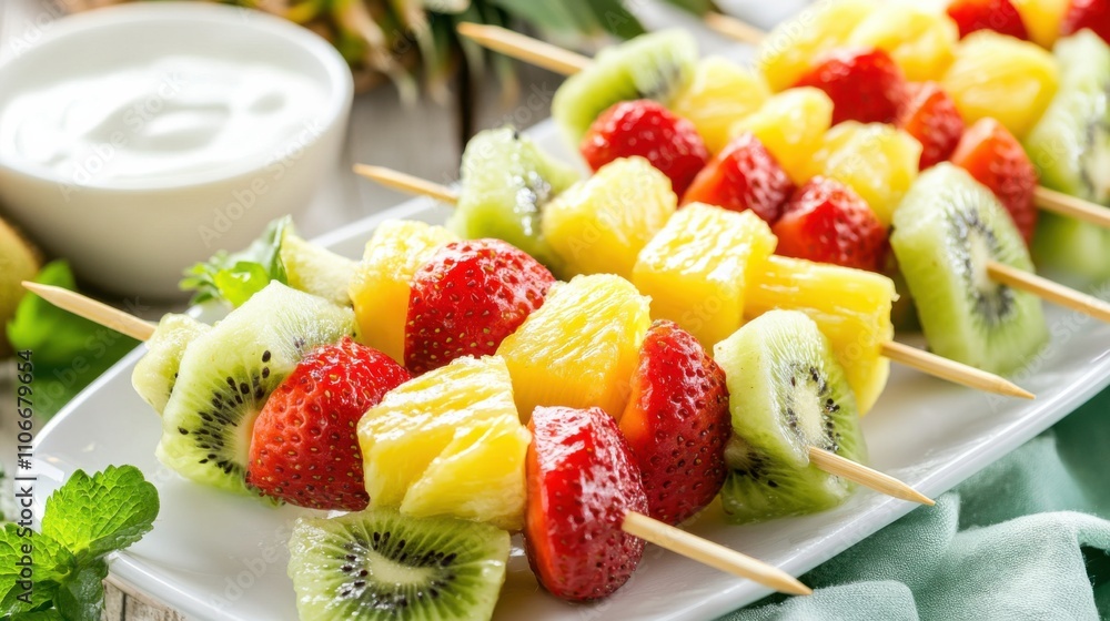 A platter of colorful fruit skewers featuring strawberries, pineapple, and kiwi A platter of colorful fruit skewers featuring strawberries, pineapple, and kiwi