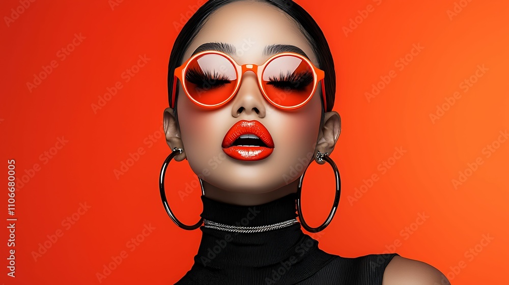A stylish model poses against a vibrant orange backdrop, wearing bold sunglasses and striking red lipstick, exuding confidence and modern fashion. A stylish model poses against a vibrant orange backdrop, wearing bold sunglasses and striking red lipstick, exuding confidence and modern fashion.