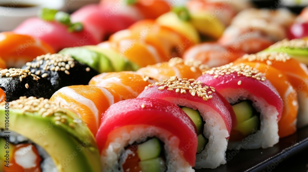 A platter of colorful rainbow sushi rolls filled with tuna, salmon, avocado A platter of colorful rainbow sushi rolls filled with tuna, salmon, avocado