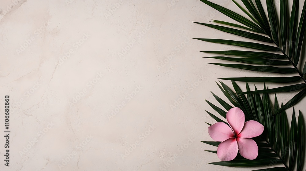 Close-up of minimalist floral and leaf design creating a calm nature studio atmosphere Close-up of minimalist floral and leaf design creating a calm nature studio atmosphere