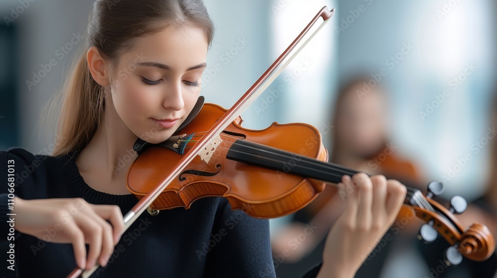 Young Violinist Playing Beautiful Melody in Bright Studio during Performance with Fellow Musicians Young Violinist Playing Beautiful Melody in Bright Studio during Performance with Fellow Musicians