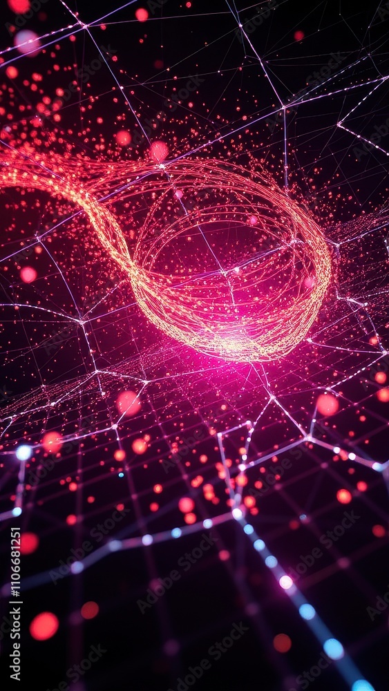 Fototapeta premium Swirling clouds of glowing particles suspended in space against a mesh background, particle effects, glowing particles, space