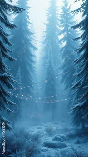A delicate network of twinkling lights weaves through a frosty forest, shimmering trees, mystical ambiance