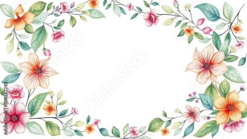 Pastel floral wreath frame with colorful leaves and flowers for white background, white space, natural