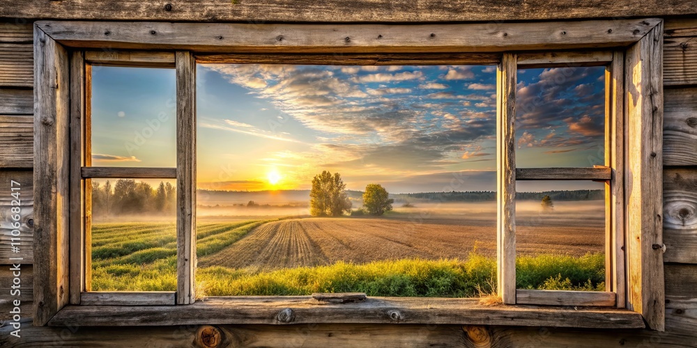 Fototapeta premium Rustic Window Frame Reveals a Serene Sunrise Over a Misty Farmland Field
