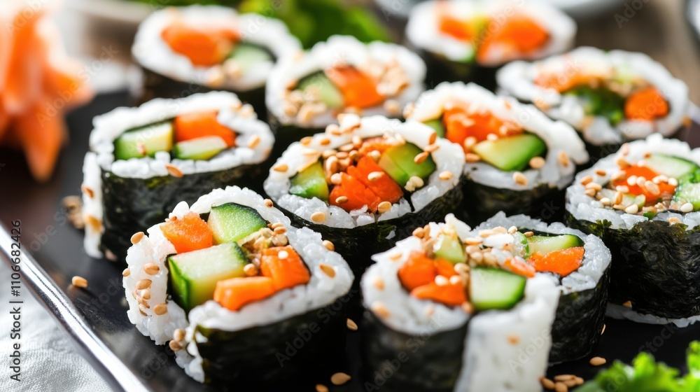 A platter of colorful vegetable sushi rolls filled with cucumber, avocado, and carrot A platter of colorful vegetable sushi rolls filled with cucumber, avocado, and carrot