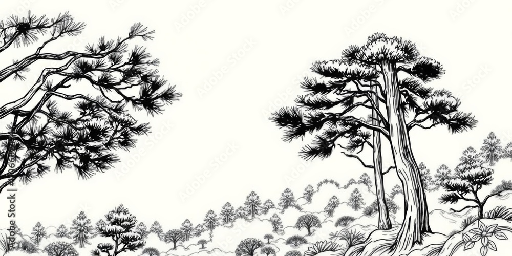 Fototapeta premium Pine forest landscape with oriental line art style, perfect for Japanese and Chinese themes, nature, vector