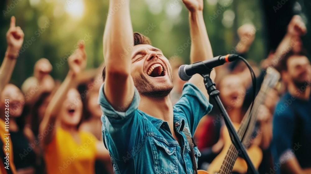 Obraz premium Joyful musician singing passionately in front of enthusiastic crowd during outdoor concert in summer evening light