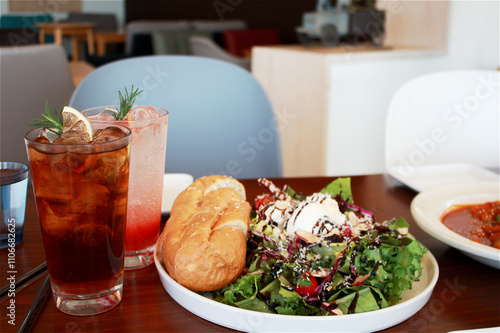 salad with iced tea and vegetables