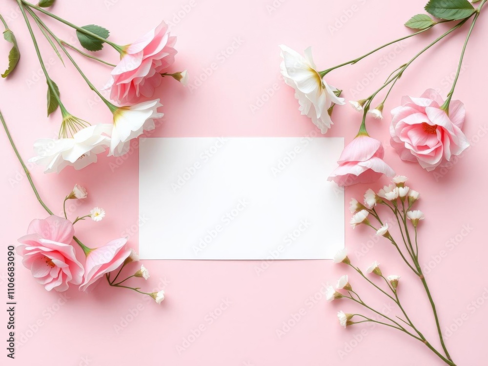 Fototapeta premium Pink flowers in various shades and shapes placed on a soft pink background with a white card in the center, creating a minimalist and elegant composition, nature, Pink