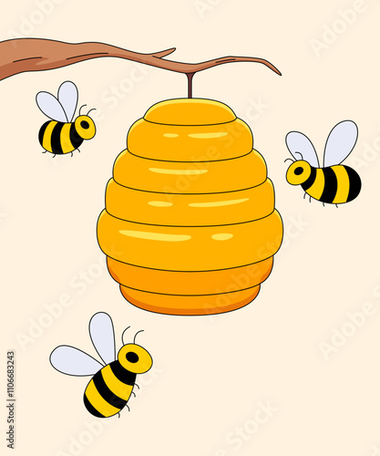 Honeycomb Haven: A charming illustration of a honeybee hive hanging from a branch, surrounded by three busy bees. The vibrant yellow and black colors bring a cheerful and playful touch.