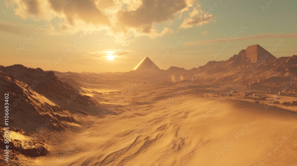 Majestic Sunset Over Pyramids in Desert Landscape at Golden Hour Majestic Sunset Over Pyramids in Desert Landscape at Golden Hour