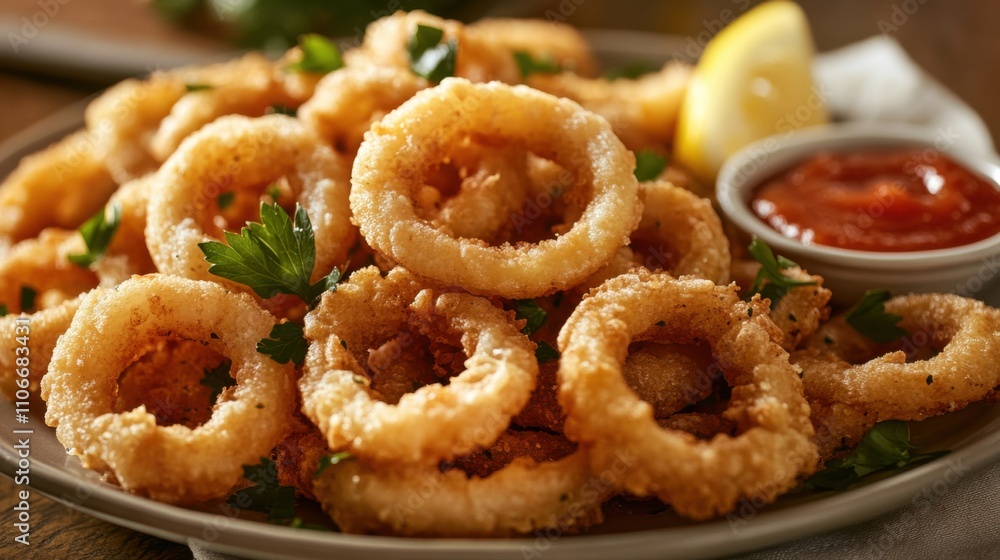 A platter of crispy calamari rings served with marinara sauce and lemon wedges, Calamari platter centered, Soft ambient lighting accentuating their golden crunch A platter of crispy calamari rings served with marinara sauce and lemon wedges, Calamari platter centered, Soft ambient lighting accentuating their golden crunch