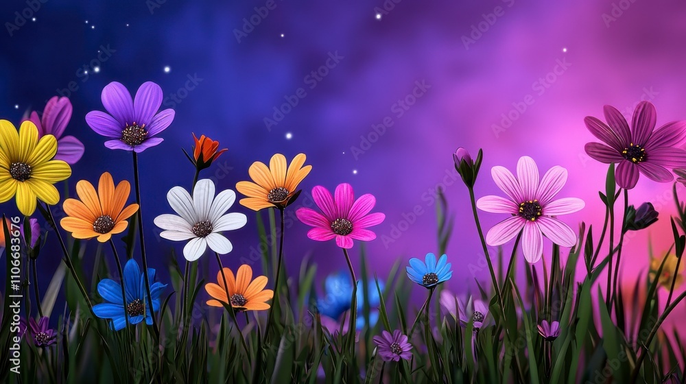 Fototapeta premium A captivating image of various colorful flowers, including pinks, purples, oranges, yellows, and whites, blooming in a field of grass.