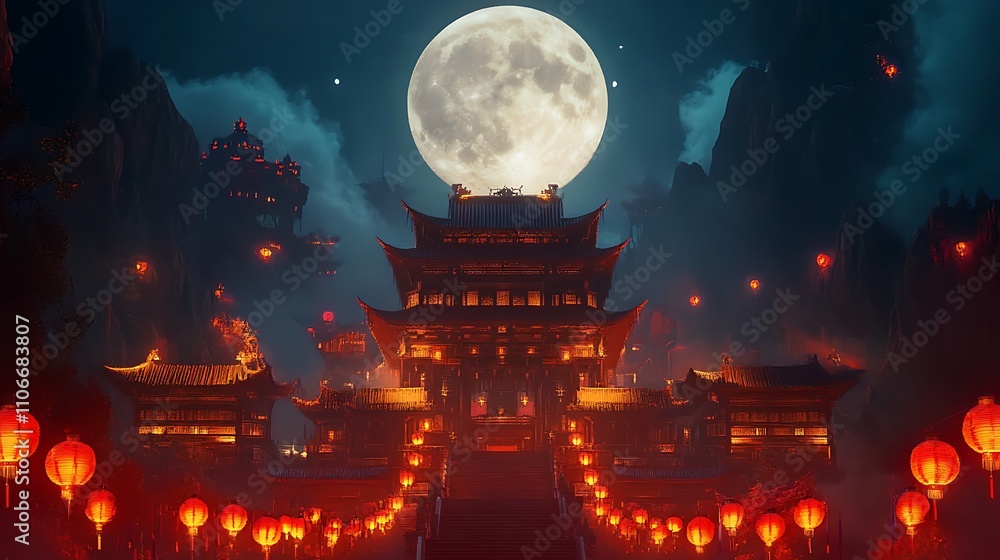 Illuminated Chinese temple at night, full moon, lanterns. Illuminated Chinese temple at night, full moon, lanterns.