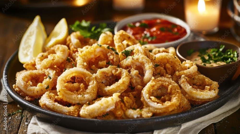 A platter of crispy calamari served with marinara sauce and lemon wedges, Calamari arranged, Soft candlelight creating a romantic ambiance A platter of crispy calamari served with marinara sauce and lemon wedges, Calamari arranged, Soft candlelight creating a romantic ambiance