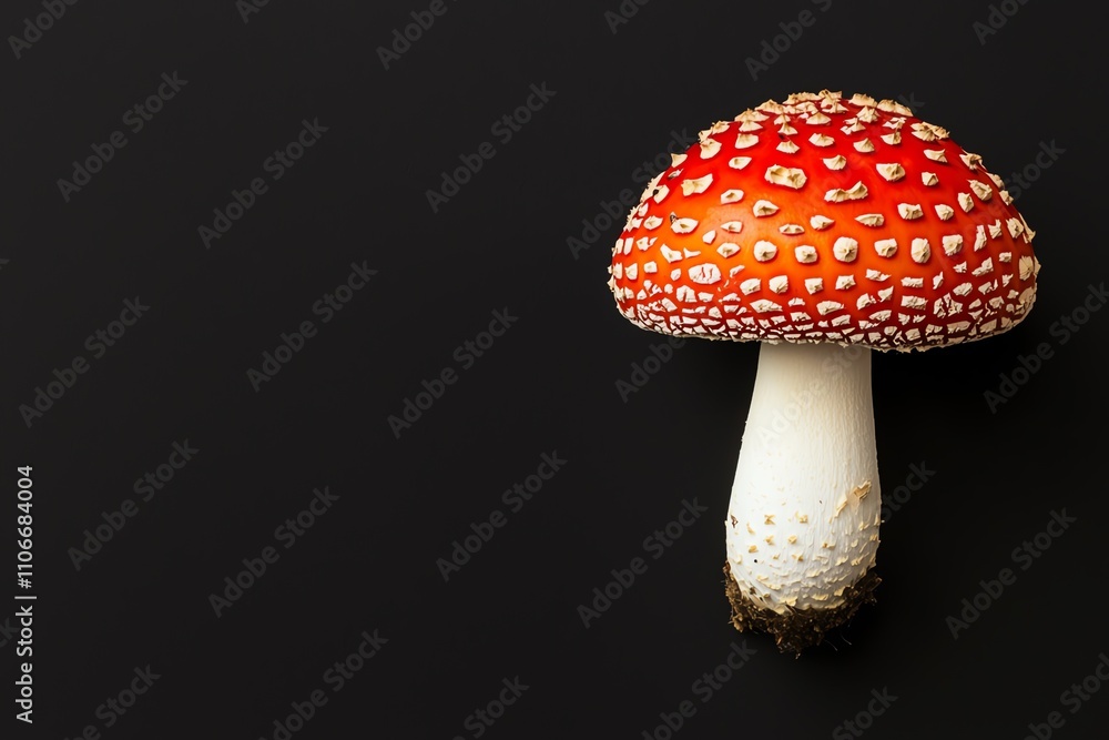 Obraz premium A vibrant red mushroom with white spots stands out against a black background, showcasing its unique and eye-catching features.
