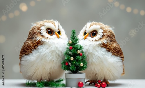 Cute owls, holiday theme, small Christmas tree, festive decorations, soft focus background, cozy atmosphere, bokeh lights, detailed feathers, adorable expression, winter spirit.
 photo