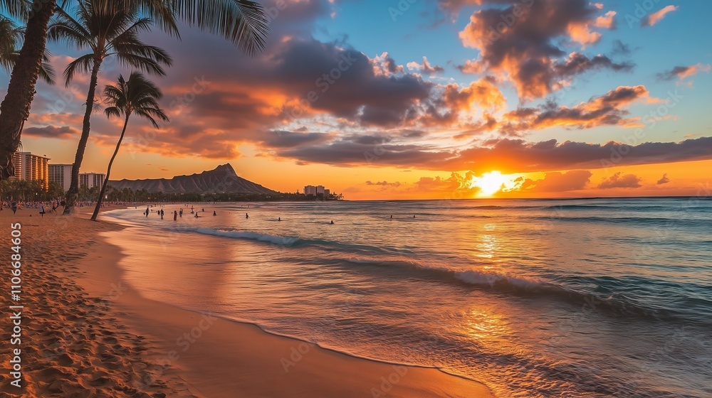 Enjoy Waikiki Beach at sunset with golden sands, gentle waves, and stunning colors. Pure Hawaiian bliss!