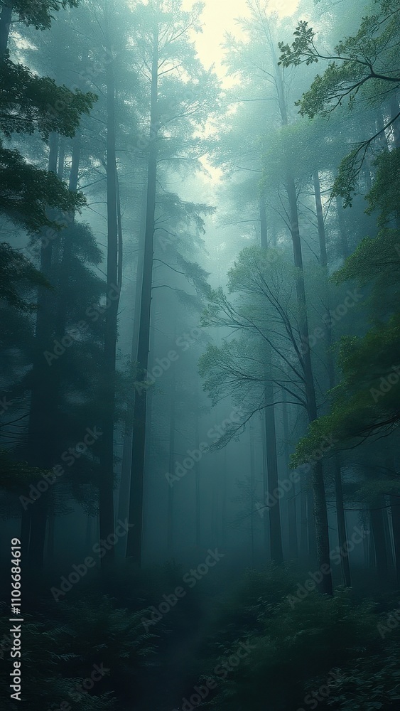 Dense foliage in forest with tall trees and underbrush, ferns, forest environment, woodland atmosphere Dense foliage in forest with tall trees and underbrush, ferns, forest environment, woodland atmosphere