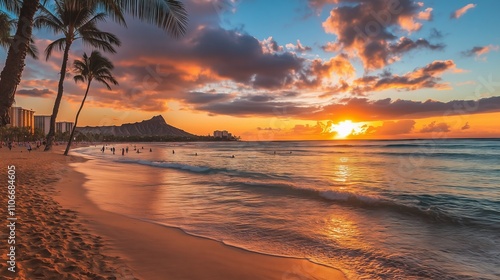 Obraz na płótnie Enjoy Waikiki Beach at sunset with golden sands, gentle waves, and stunning colors. Pure Hawaiian bliss! w salonie