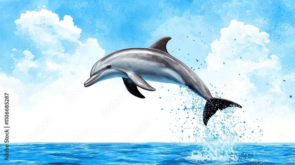 Obraz premium A vibrant watercolor-style illustration depicts a dolphin leaping gracefully out of the ocean against a backdrop of a light blue sky with fluffy white clouds.