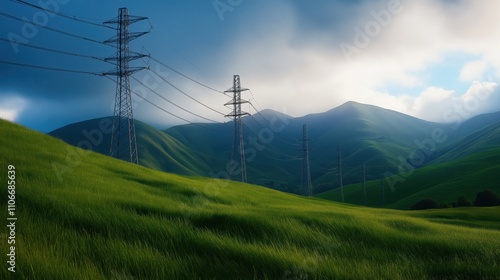 A serene landscape featuring lush green hills and towering power lines against a cloudy sky. photo