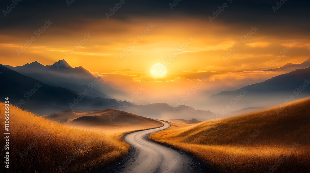 A vibrant sunset over a tranquil countryside landscape with rolling hills, golden fields, and a winding dirt road leading into the distance. Ultra-Realistic, Photo Realistic, highly detailed, A vibrant sunset over a tranquil countryside landscape with rolling hills, golden fields, and a winding dirt road leading into the distance. Ultra-Realistic, Photo Realistic, highly detailed,