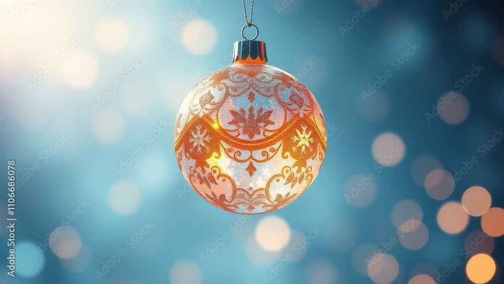 Fototapeta premium Glowing Christmas ball floating in mid-air above defocused blue background, serene scene, glowing ball