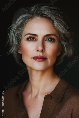 Confident mature woman with gray hair posing on black background