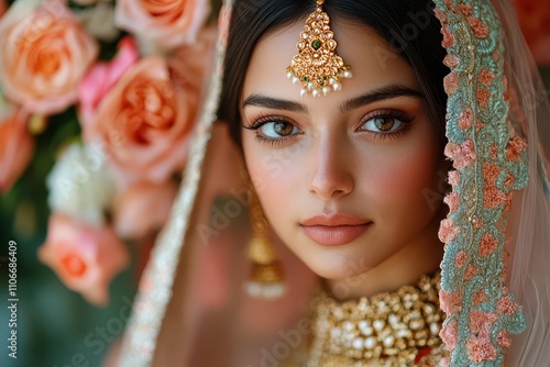 stunning young indian bride adorned in traditional bridal wear, radiating beauty and elegance against a lush garden, symbolizing love and cultural richness