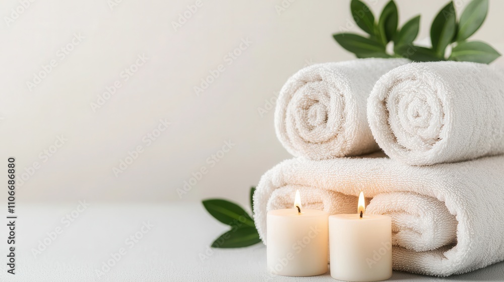 A serene arrangement of rolled white towels and lit candles, complemented by green leaves, creating a calming and spa-like atmosphere. A serene arrangement of rolled white towels and lit candles, complemented by green leaves, creating a calming and spa-like atmosphere.