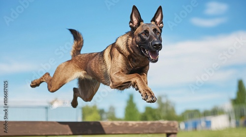 Belgian Malinois Dog Leaping Over Obstacle in Agility Training