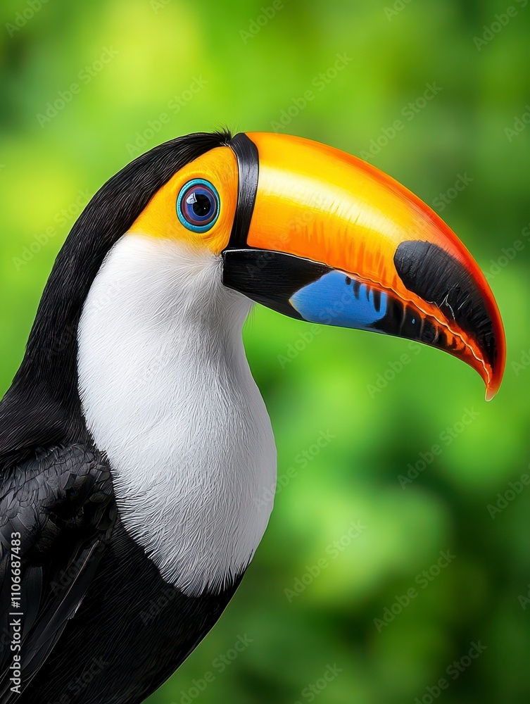 Naklejka premium A detailed close-up of a toucan's head and upper body, showcasing its bright orange beak, striking blue markings, and rich black and white plumage.