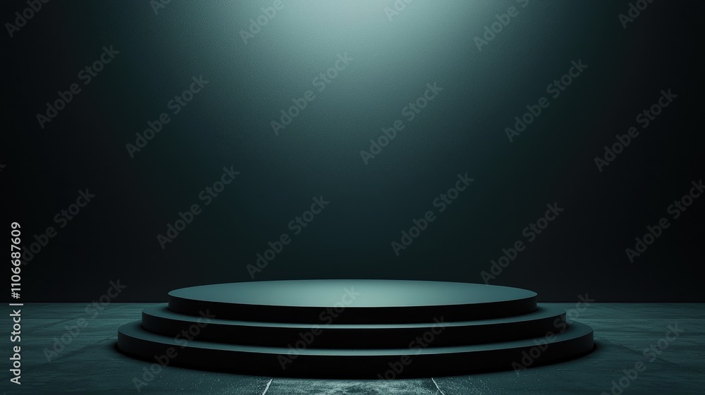 Three-Tiered Black Platform in a Dark Room with a Light Beam Three-Tiered Black Platform in a Dark Room with a Light Beam