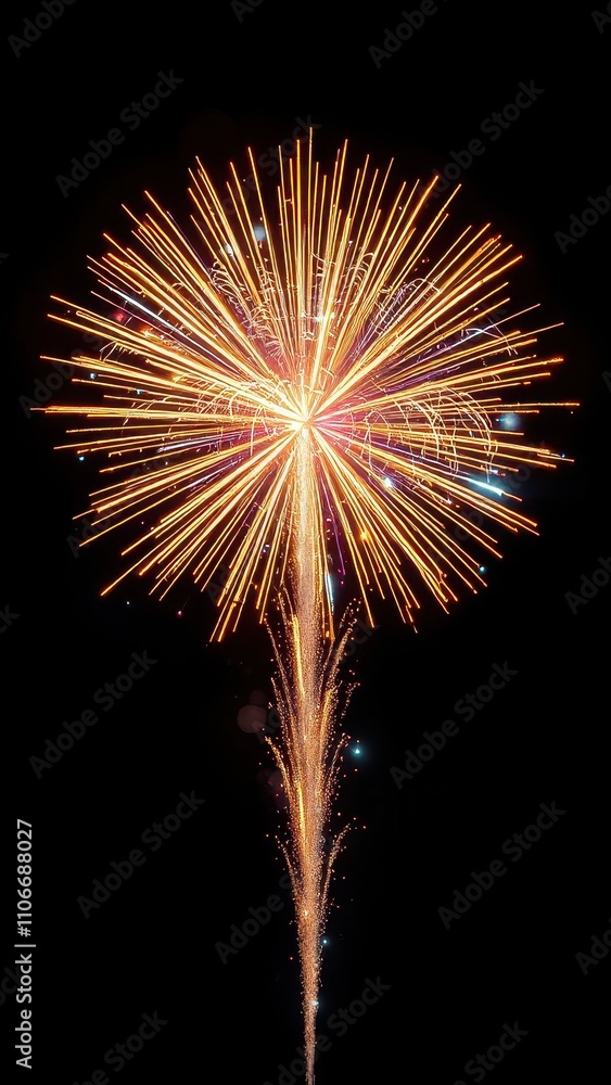 Vibrant golden firework exploding in mid-air against a dark black background with bold and bright colors, dynamic movement, colorful sparks, bold colors Vibrant golden firework exploding in mid-air against a dark black background with bold and bright colors, dynamic movement, colorful sparks, bold colors
