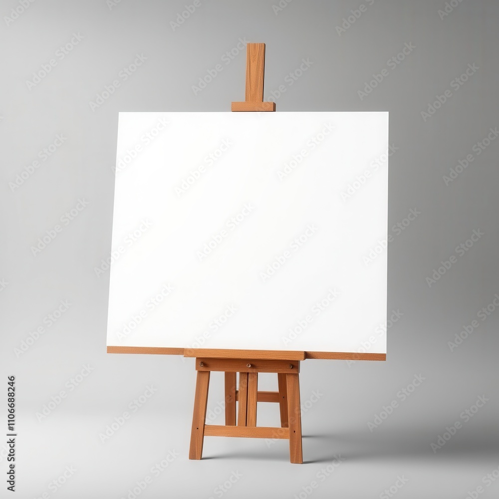 Wooden easel with a large blank canvas against a plain gray background, creating contrast and simplicity, art supply, easel Wooden easel with a large blank canvas against a plain gray background, creating contrast and simplicity, art supply, easel